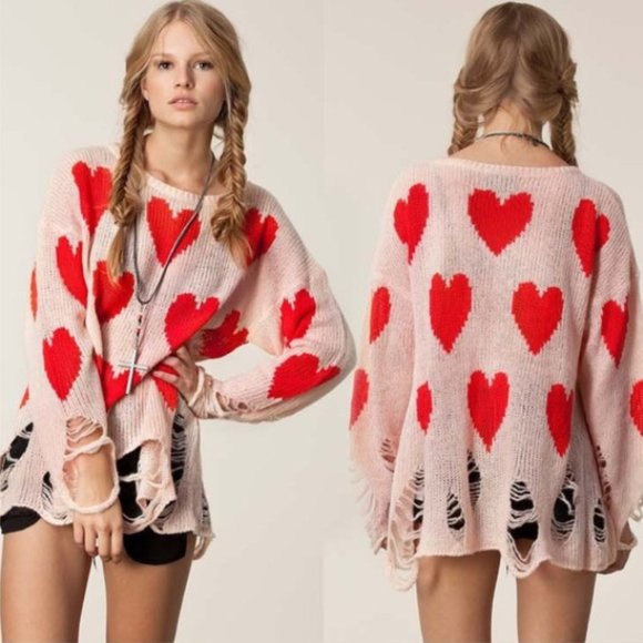 NEW! WILDFOX WHITE LABEL 'All Over Love' Lennon Sweater in PINK / RED HE… - Picture 6 of 14